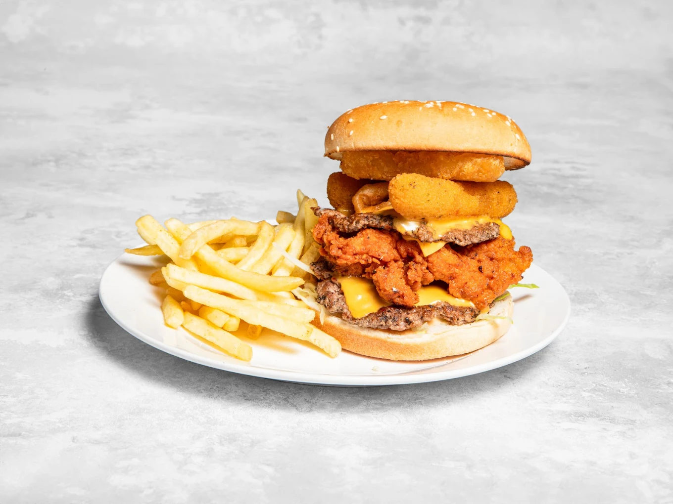 Stacked tower burgers that wow - before SnackSnap AI enhancement